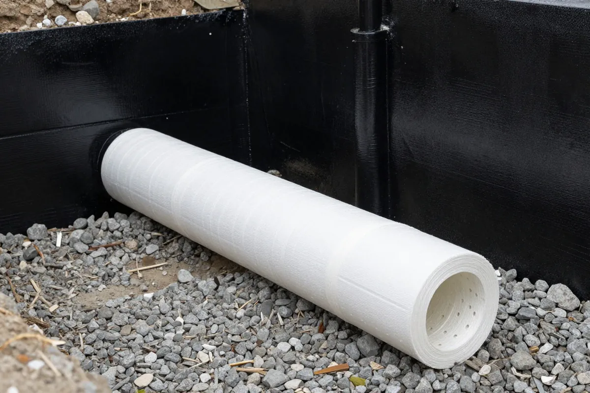 Drain enrobé de géotextile au fond d’une tranchée, contre un mur enduit