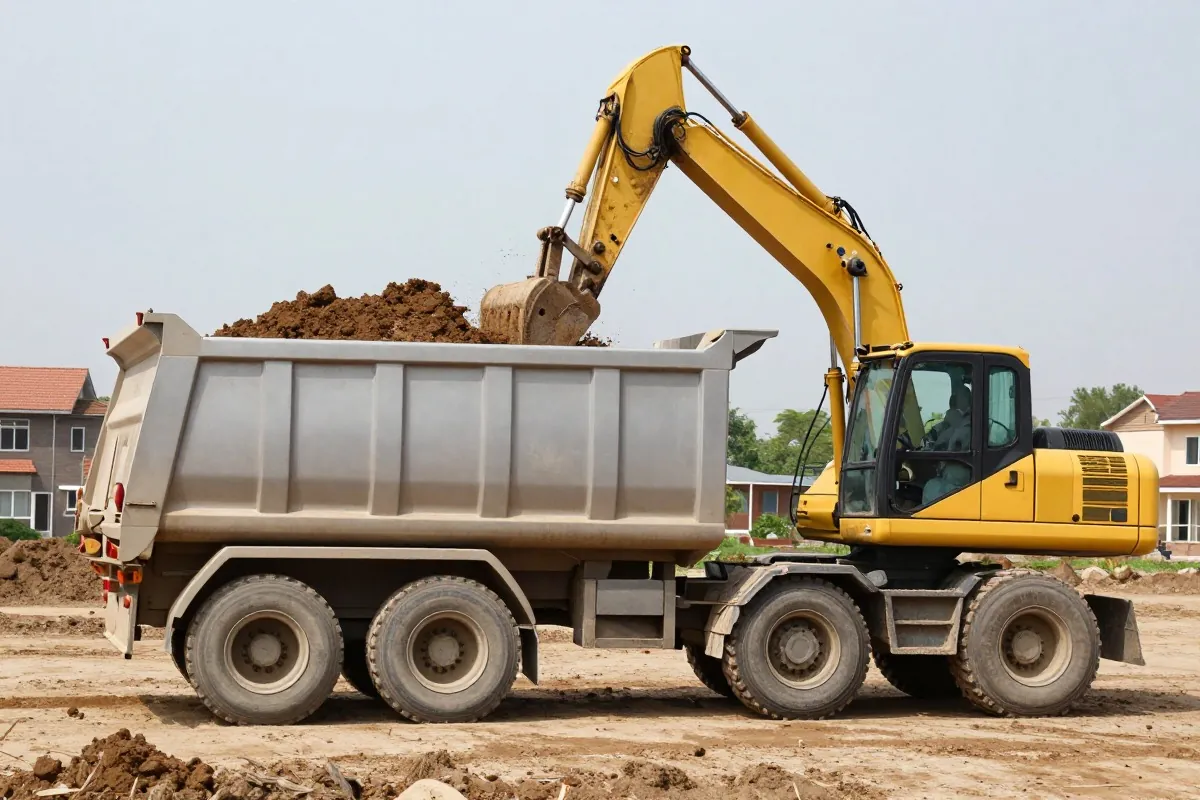 Chargement de terres de déblai dans un camion-benne