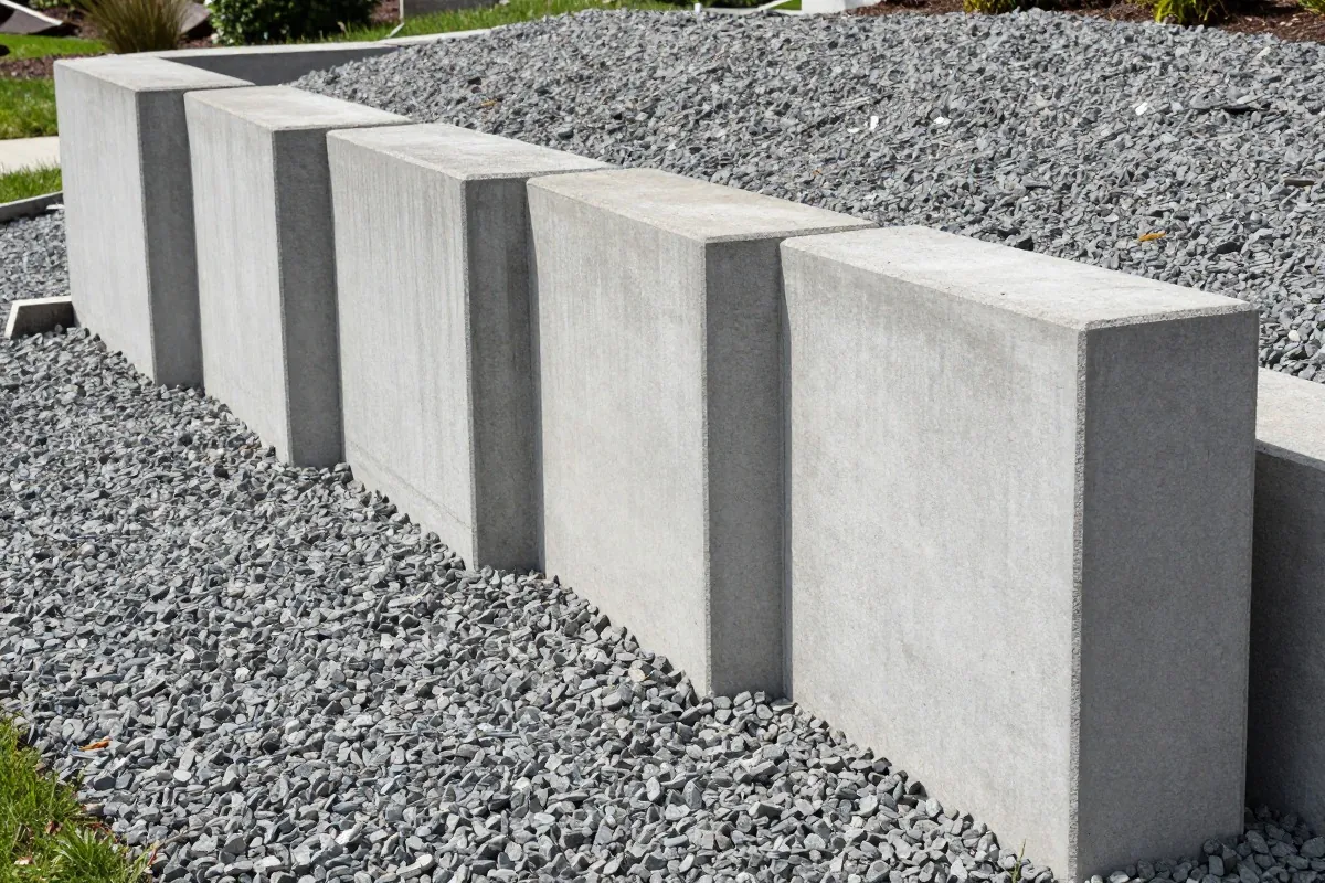 Éléments en L en béton préfabriqué alignés le long d’un talus