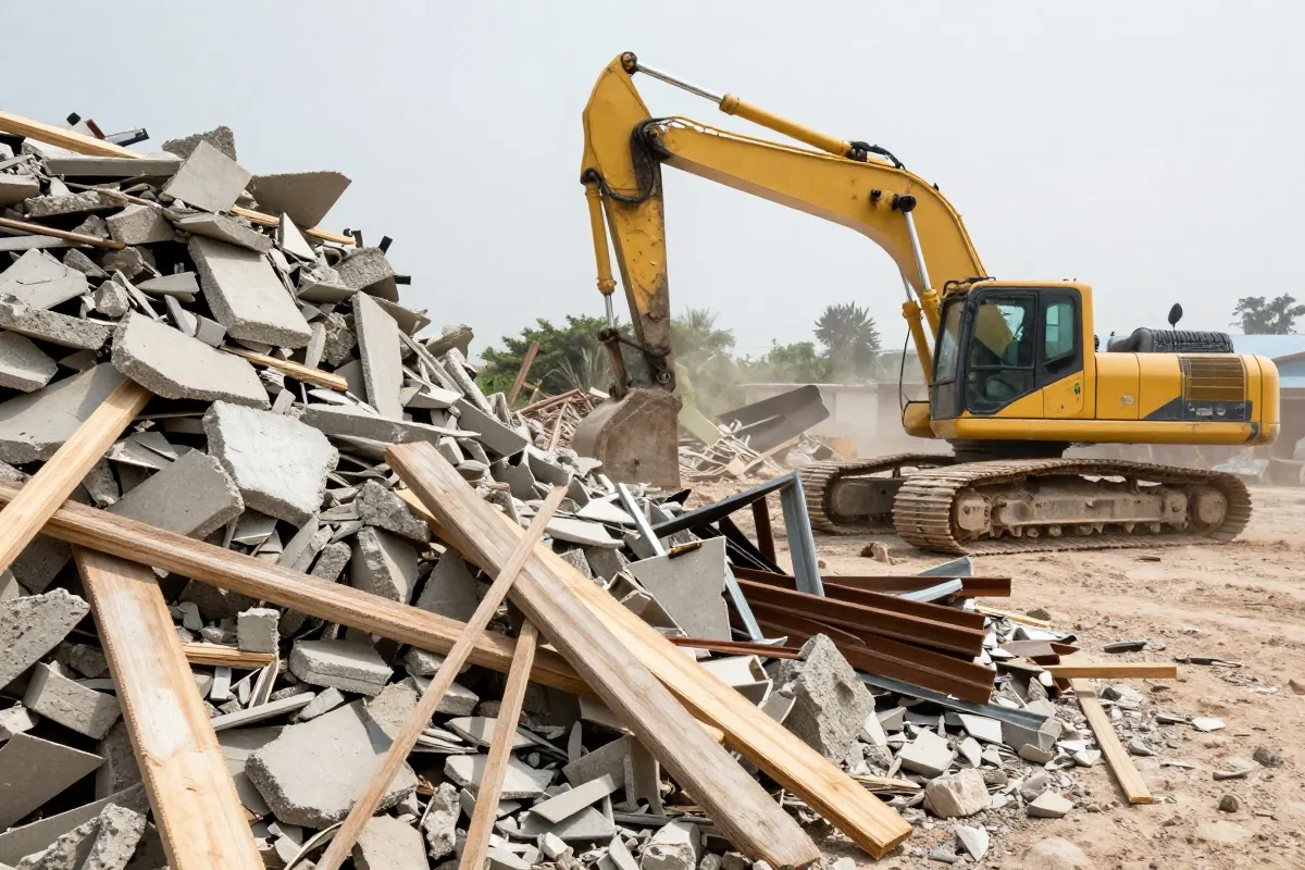 Déchets de démolition triés par matière sur un chantier