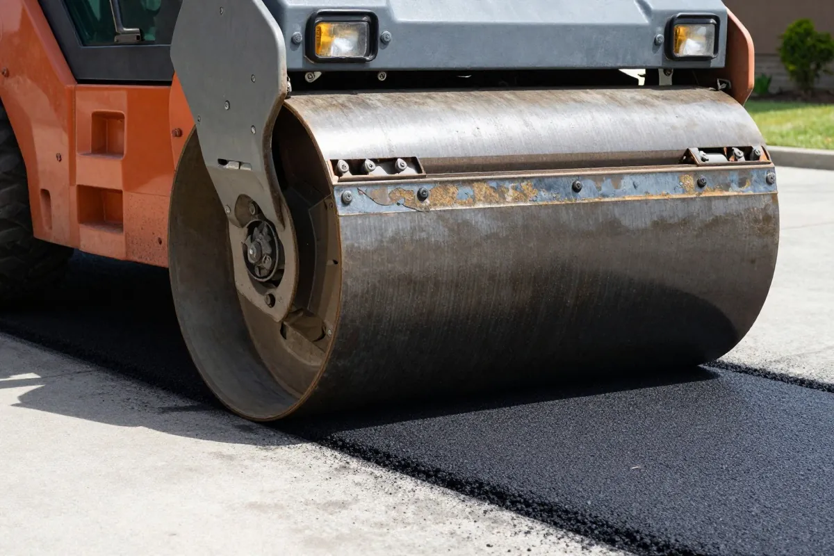 Rouleau compactant un enrobé neuf sur une allée